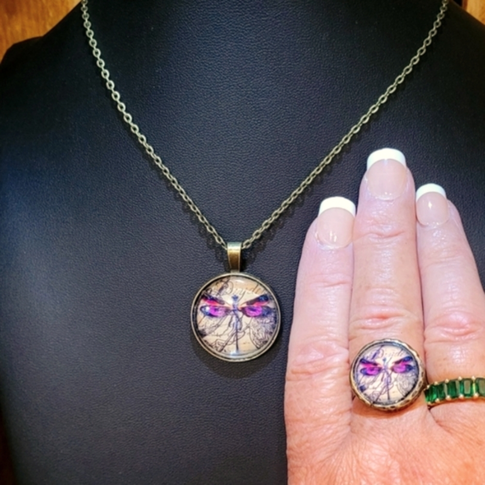 Antique Bronze Purple Dragonfly Necklace and Adjustable Ring Set NWT